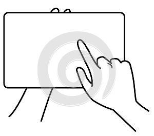 Hands holding tablet, touching screen, monochrome illustration