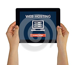 Hands holding tablet with web hosting concept on screen