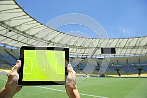 Hands Holding Tactics Board Football Stadium Rio Brazil