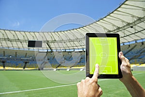 Hands Holding Tactics Board Football Stadium Rio Brazil