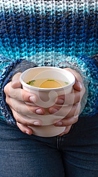 Hands holding a takeaway cup with Chicken broth soup