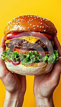 Hands holding a tasty burger on a bright yellow background, delicious fast food concept