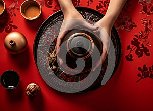 Hands Holding Teapot over Tray of Tea Accessories on Red Background - AI Generated