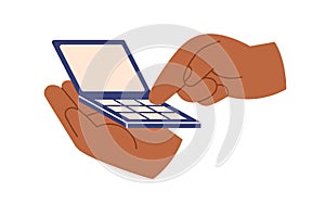 Hands holding tiny laptop with blank screen. Arms using computer, typing with keyboard. PC use icon. Digital online