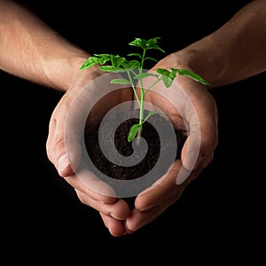 Hands holding tomato seedling. Gardening and environmental protection concept