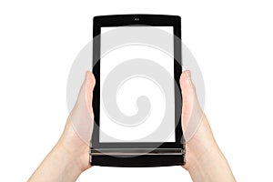 Hands holding touch screen tablet pc