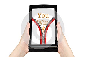 Hands holding touch screen tablet pc