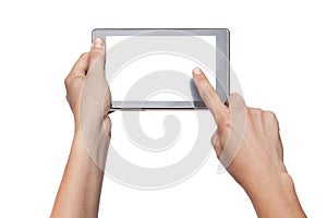 Hands holding and touching tablet