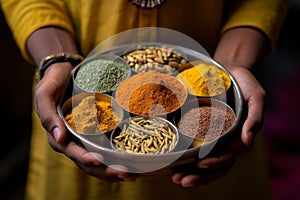 Hands holding a traditional Indian spice box (Masala Dabba) with curcuma as a centerpiece. Generative AI