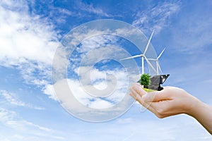 Hands holding tree electrical energy clean wind turbine and solar cell the future