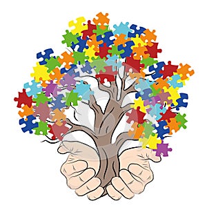 Hands holding a tree with puzzles. autism. vector illustration.