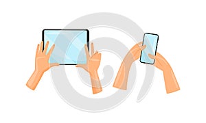 Hands Holding and Using Tablet PC and Smartphone as Wireless Gadget with Sensory Display Vector Set