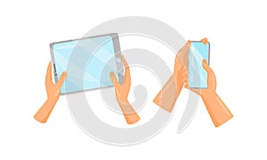 Hands Holding and Using Tablet PC and Smartphone as Wireless Gadget with Sensory Display Vector Set