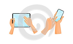 Hands Holding and Using Tablet PC and Smartphone as Wireless Gadget with Sensory Display Vector Set