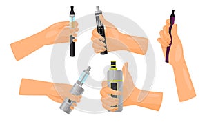 Hands Holding Vape Vector Set. Electronic Cigarette Advertisement