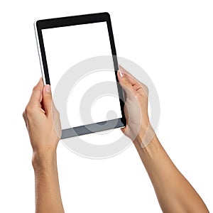 Hands holding a vertical tablet Pro isolated on white background
