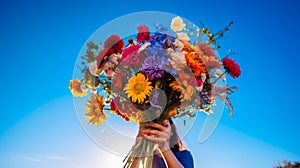 Hands holding a vibrant bouquet of wildflowers on a bright blue sky background. Generative AI