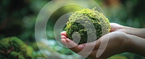 The Hands Holding a Vibrant Moss Ball in a Forest Setting.AI generated image