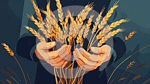 Hands holding wheat ears. illustration in flat cartoon style. Generative AI