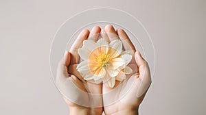 Hands holding a white flower on light background, AI