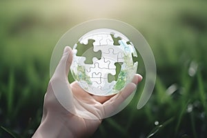 Hands holding white jigsaw with globe glass earth with green grass field in side on light pastel background. Generative AI