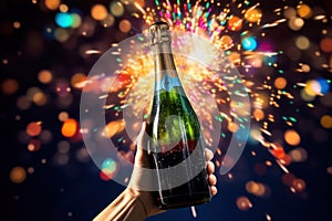 hands holding a wine bottle Spectacular New Year\'s Eve fireworks blurred background, ai generated