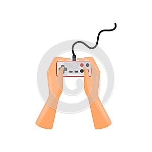 Hands holding wired controller remote, joystick, gaming concept vector Illustration on a white background