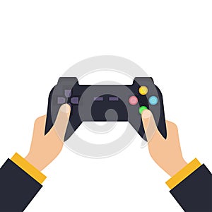 Hands holding wireless gamepad. vector illustration in flat design on blue background