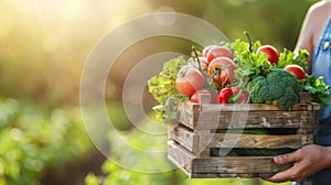 Hands holding wooden box with harvest vegetables on blurred green farm field background
