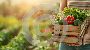 Hands holding wooden box with harvest vegetables on blurred green farm field background