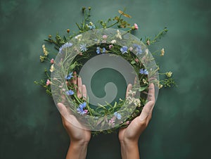 Hands holding a wreath of wild flowers and herbs for the midsummer celebration, on green background. Generative AI