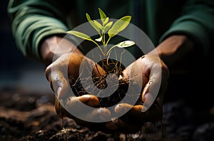 Hands holding young green plant in soil, closeup. Earth day concept