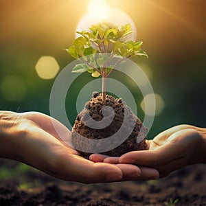 Hands holding young green sprout with soil on blurred nature background. Generative Ai