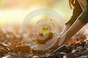 Hands holding a young plant. Planting a young seedling. Working in the vegetable garden. Agriculture