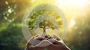 Hands holding young plant in sunshine and green background at sunset. Environment conservation, reforestation, climate change