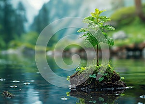 Hands holding a young plant with water drops. Environment conservation concept