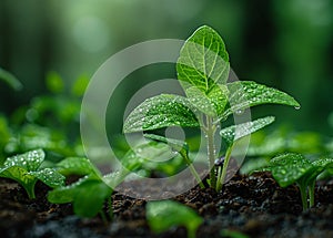 Hands holding a young plant with water drops. Environment conservation concept