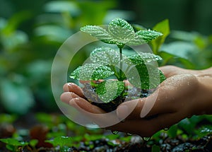 Hands holding a young plant with water drops. Environment conservation concept