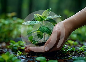 Hands holding a young plant with water drops. Environment conservation concept