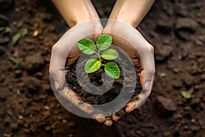 Hands holding young plants on the back soil