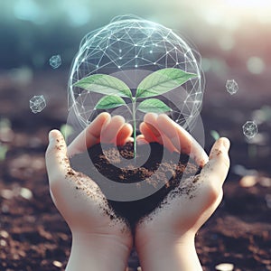 Hands holding young plants on natural background of growth of plant