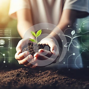 Hands holding young plants on natural background of growth of plant