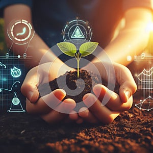 Hands holding young plants on natural background of growth of plant