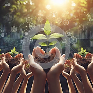 Hands holding young plants on natural background of growth of plant