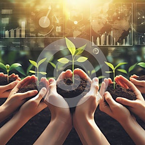 Hands holding young plants on natural background of growth of plant