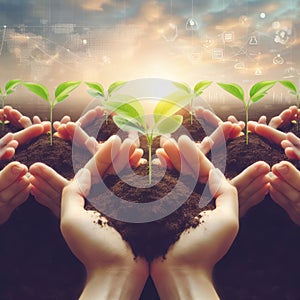 Hands holding young plants on natural background of growth of plant