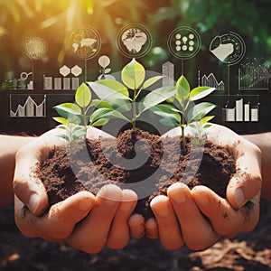 Hands holding young plants on natural background of growth of plant