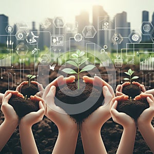 Hands holding young plants on natural background of growth of plant