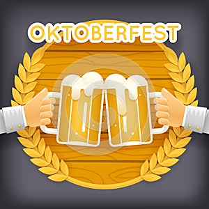 Hands Holds Mug of Beer with Foam Autumn Oktoberfest Celebration Success Prosperity Symbol Icon Wood Background Greeting