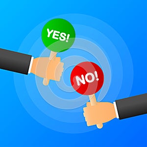 Hands holds sign yes or no. Green or red banner on blue background. Vector illustration.